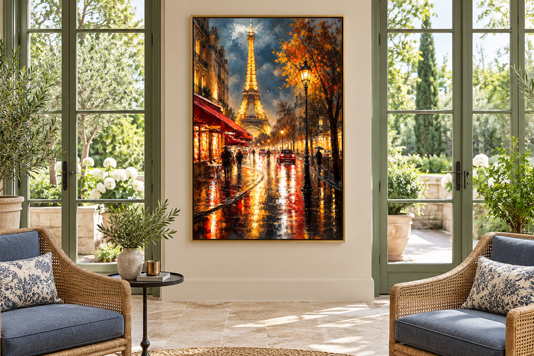 Framed oil painting of a rainy Paris street at night with the glowing Eiffel Tower in the distance.