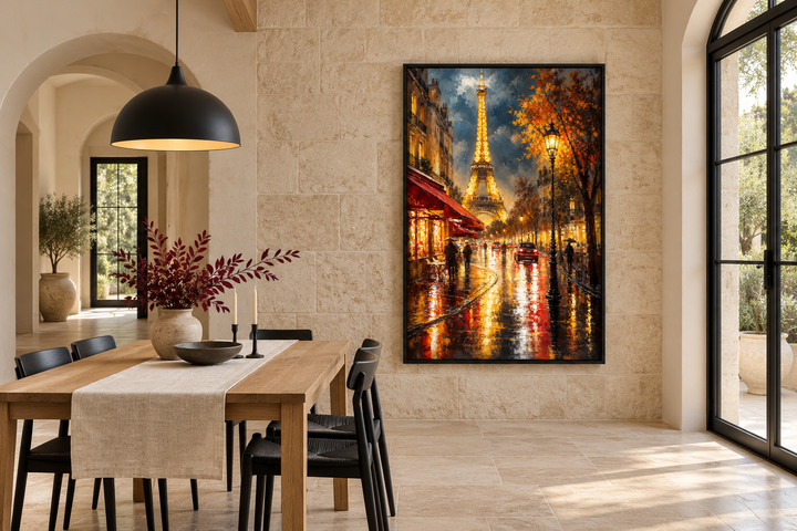 Framed canvas wall art of a rainy Paris street and the Eiffel Tower in a modern dining room.
