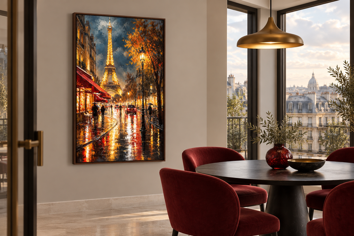 Framed oil painting of a rainy Paris street at night with the Eiffel Tower in a dining room.