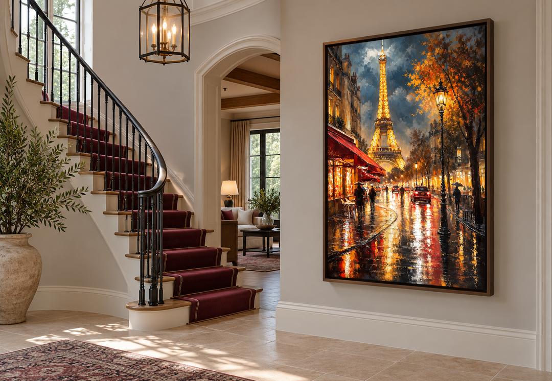 Framed canvas wall art of a rainy Paris street at night with the Eiffel Tower in the background.