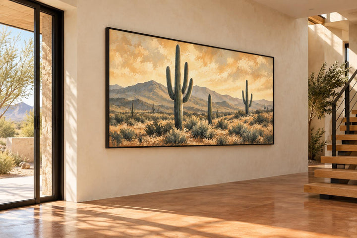 Leinwandbild: Wüstenlandschaft zur „Goldenen Stunde“ mit Saguaro-Kakteen und Bergblick