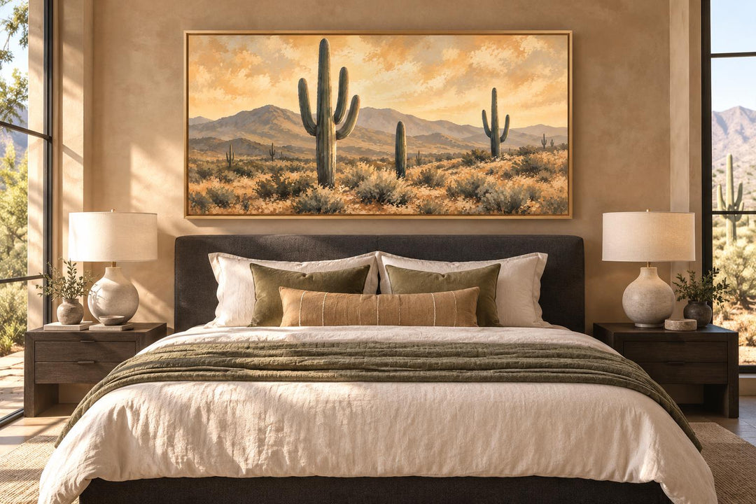 Leinwandbild: Wüstenlandschaft zur „Goldenen Stunde“ mit Saguaro-Kakteen und Bergblick
