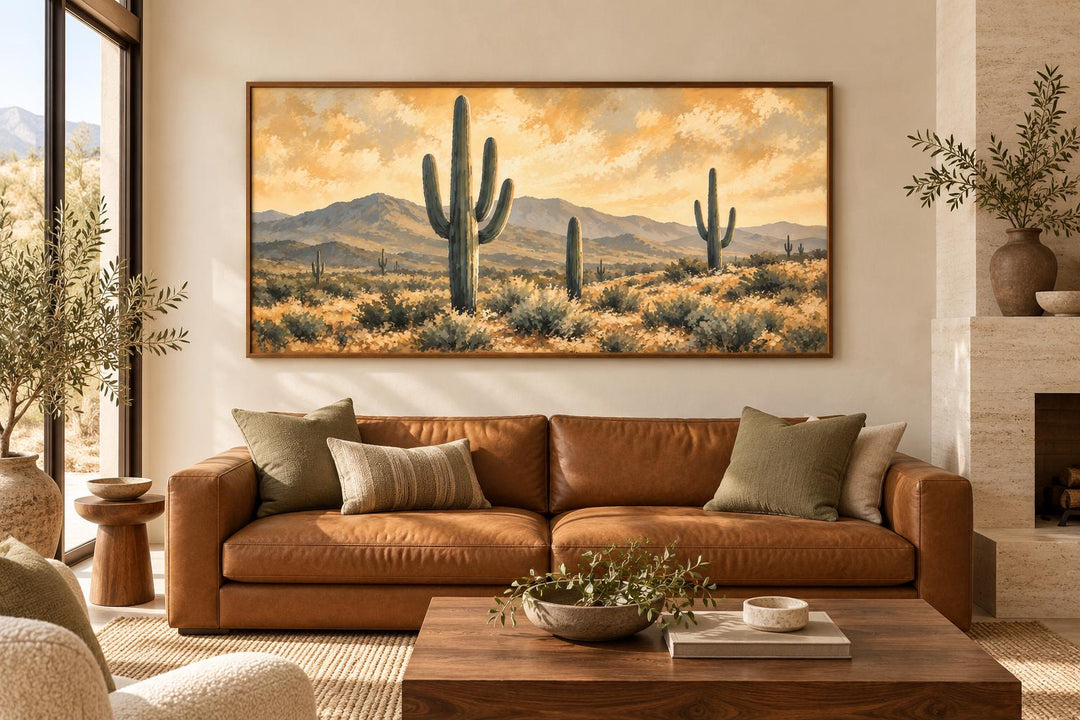 Leinwandbild: Wüstenlandschaft zur „Goldenen Stunde“ mit Saguaro-Kakteen und Bergblick