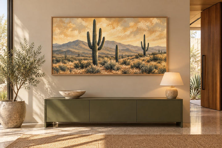 Leinwandbild: Wüstenlandschaft zur „Goldenen Stunde“ mit Saguaro-Kakteen und Bergblick