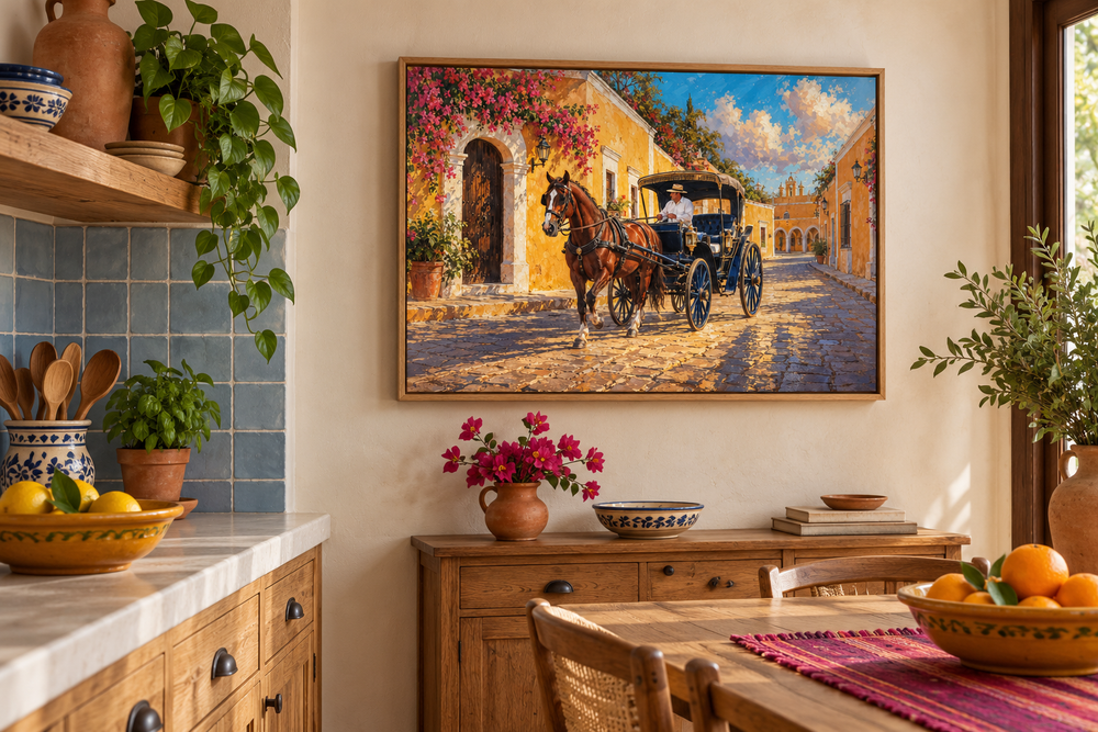 Izamal painting with horse carriage Mexican framed canvas wall art in a rustic kitchen setting.