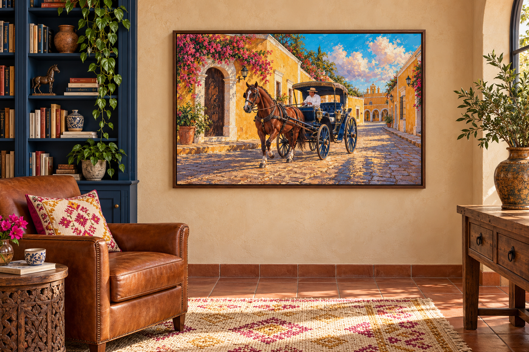 Izamal painting with horse carriage Mexican framed canvas wall art in a warm, rustic living room.