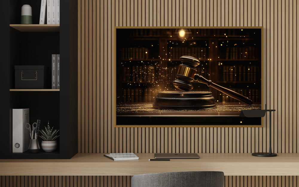 Golden Judge's Gavel Framed Canvas Wall Art in the office