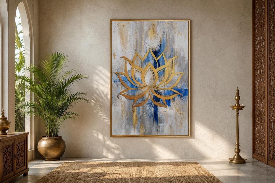 Golden lotus flower outline on an abstract blue, gray, and gold background canvas wall art.
