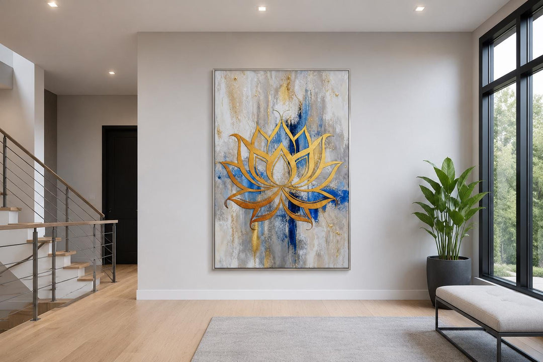 Golden lotus flower outline on abstract blue, gray, and gold background vertical wall art.