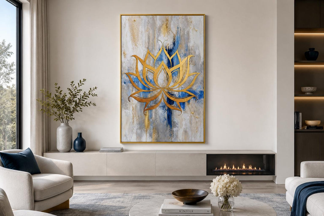 Golden lotus flower outline on abstract blue, gray, and gold background canvas wall art.