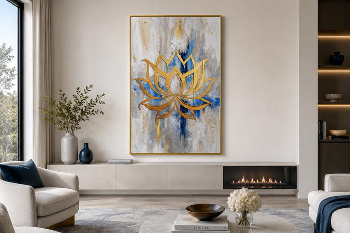 Golden lotus flower outline on abstract blue, gray, and gold background canvas wall art.