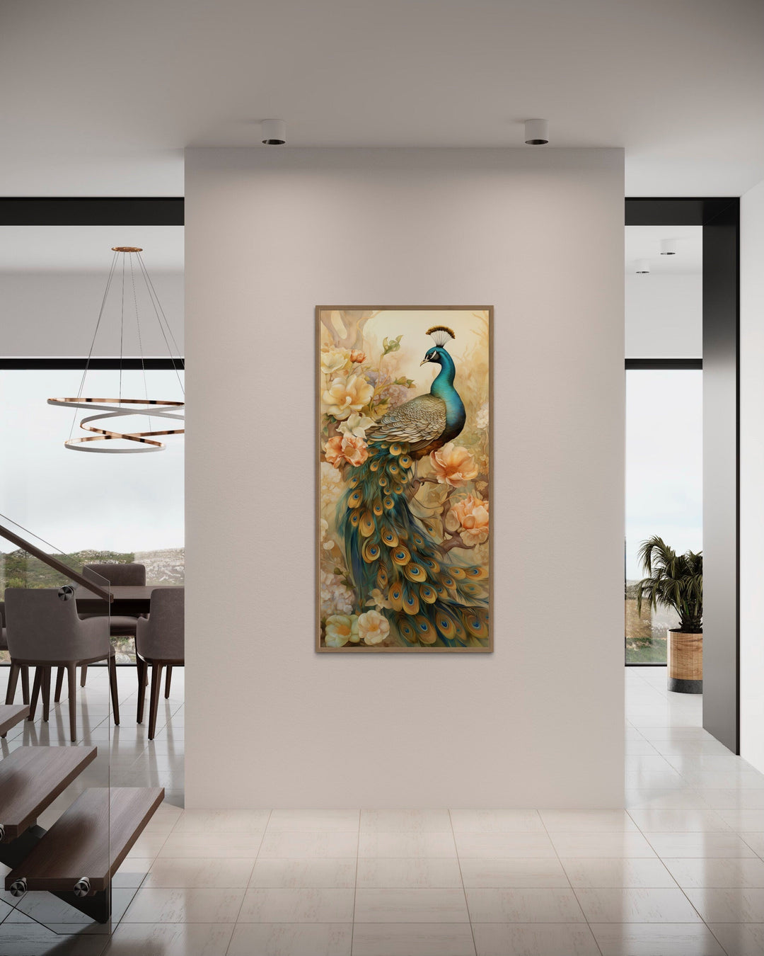 Golden Peacock Long Vertical Framed Canvas Wall Art