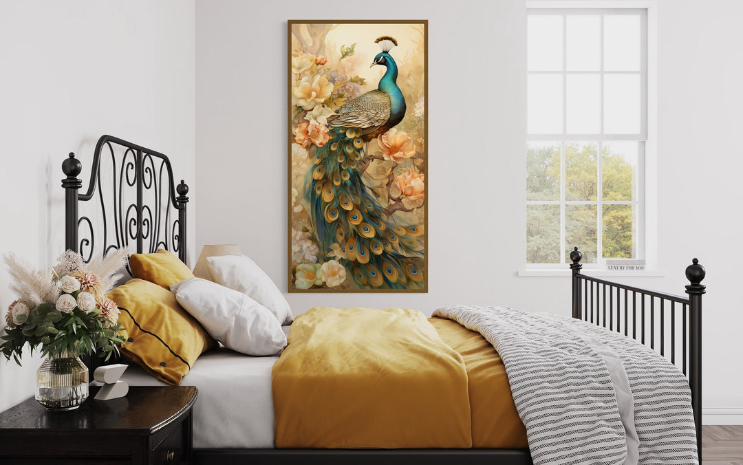 Golden Peacock Wall Art – Vertical Canvas Print with Metallic Gold Accents for Elegant Home Decor