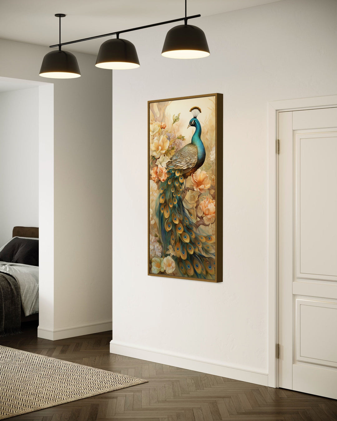 Golden Peacock Wall Art – Vertical Canvas Print with Metallic Gold Accents for Elegant Home Decor