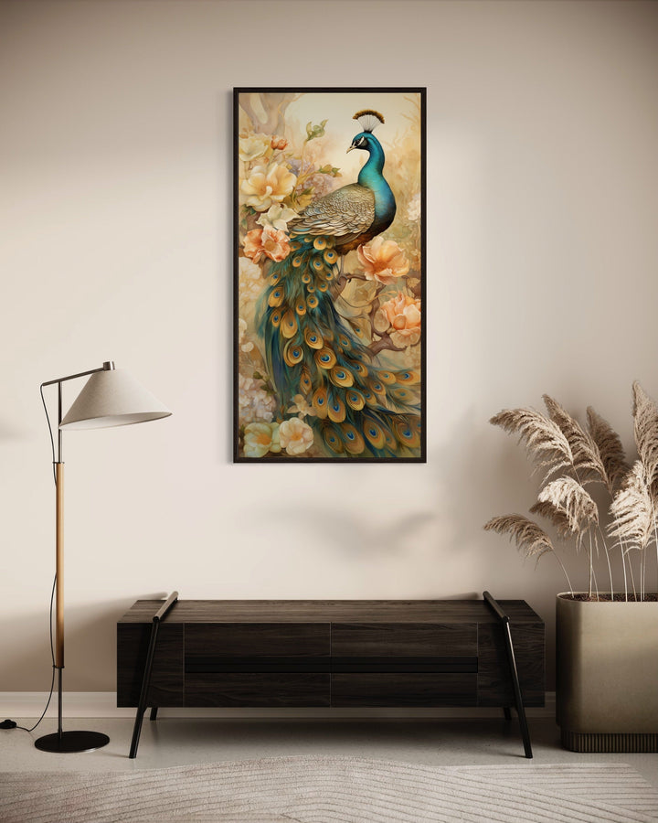 Golden Peacock Wall Art – Vertical Canvas Print with Metallic Gold Accents for Elegant Home Decor