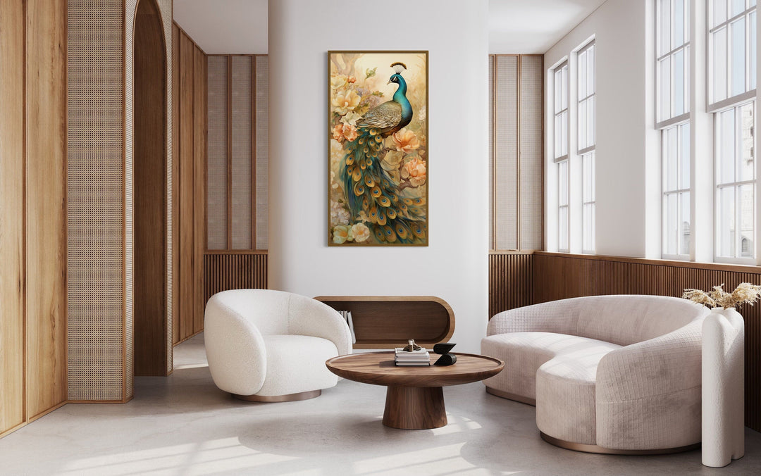 Vertical canvas print of a majestic peacock with gold accents in a modern living room setting.