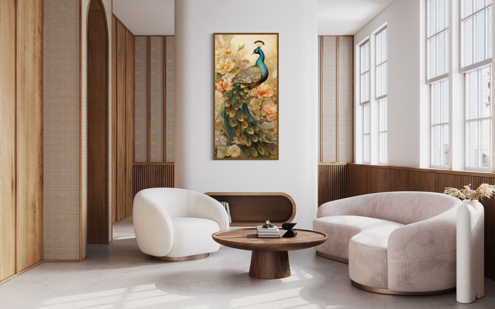 Vertical canvas print of a majestic peacock with gold accents in a modern living room setting.