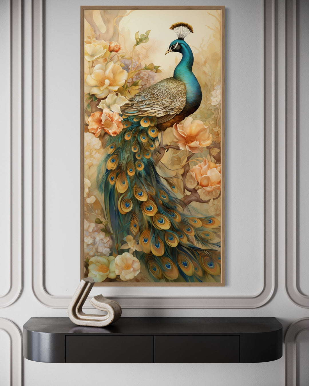 Vertical canvas print of a majestic peacock with gold accents and floral details on a white wall.