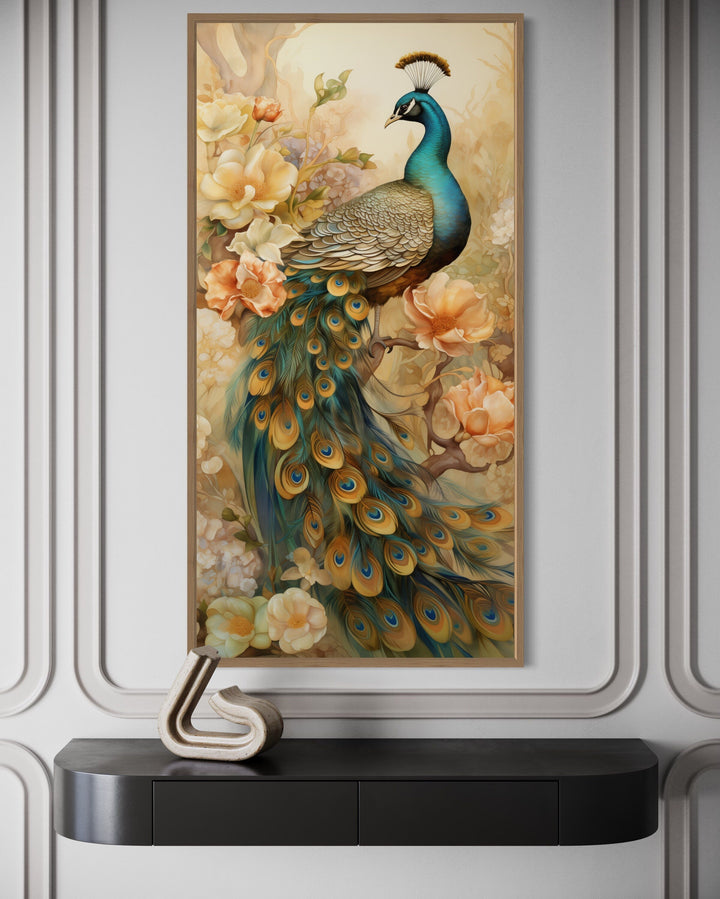 Vertical canvas print of a majestic peacock with gold accents and floral details on a white wall.