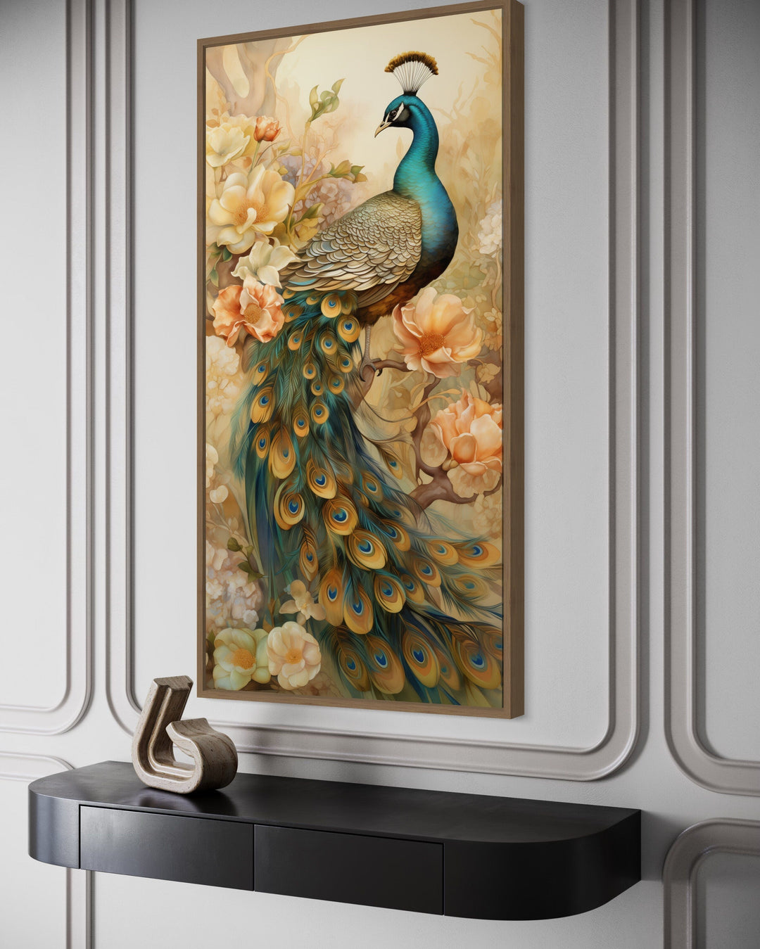 Vertical canvas print of a majestic peacock with gold accents and peach flowers on a paneled wall.