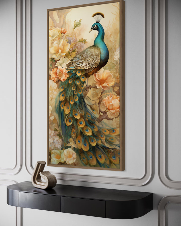 Vertical canvas print of a majestic peacock with gold accents and peach flowers on a paneled wall.