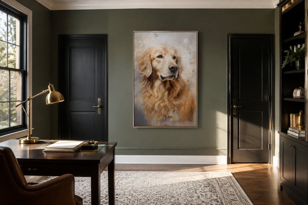 Golden Retriever abstract portrait framed canvas wall art hanging in a dark green office.