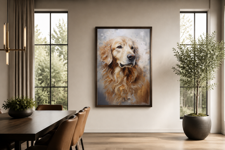 Golden Retriever abstract portrait framed canvas wall art hanging in a modern dining room.