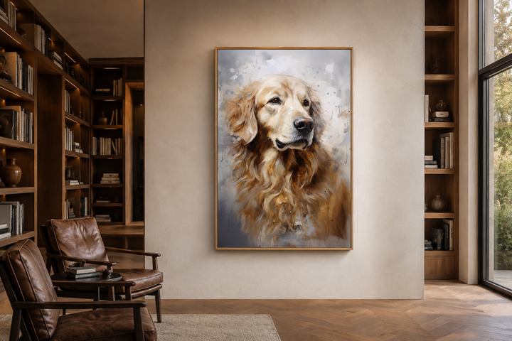 Golden Retriever abstract portrait framed canvas wall art hanging in a modern living room.
