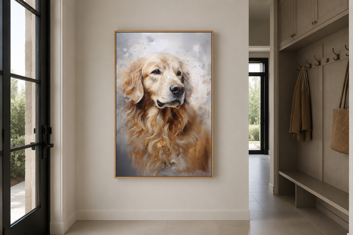 Golden Retriever abstract portrait framed canvas wall art hanging in a modern entryway.
