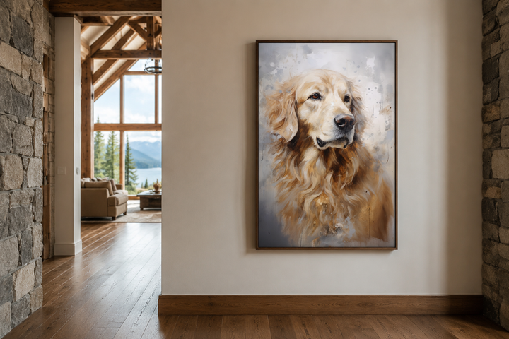 Golden Retriever abstract portrait framed canvas wall art hanging in a rustic home interior.