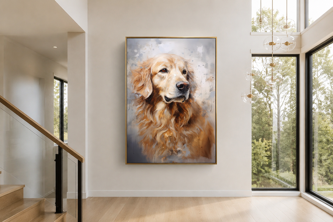 Golden Retriever abstract portrait framed canvas wall art hanging in a modern living room.