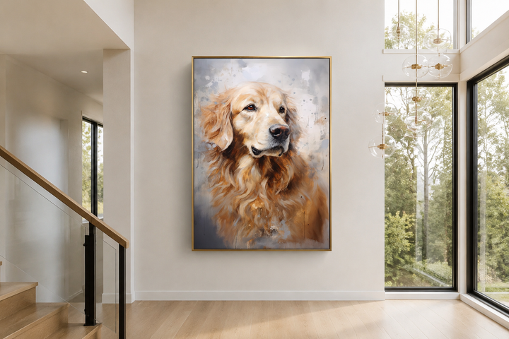 Golden Retriever abstract portrait framed canvas wall art hanging in a modern living room.