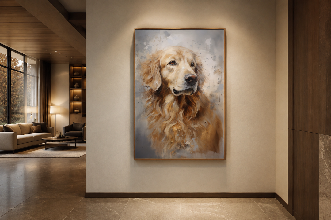 Golden Retriever abstract portrait framed canvas wall art hanging in a modern living room.
