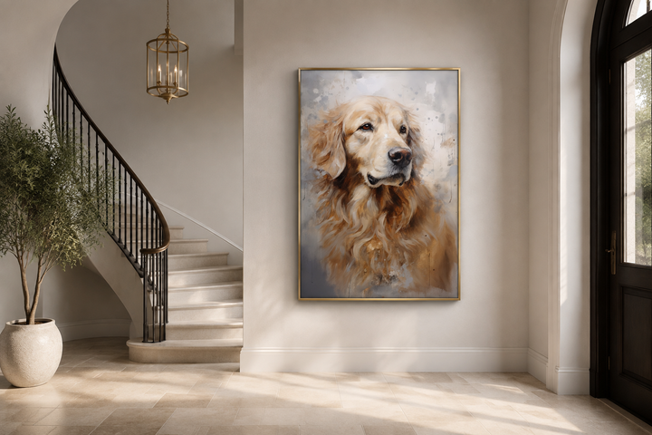 Golden Retriever abstract portrait framed canvas wall art hanging in a bright, modern entryway.
