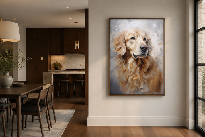 Golden Retriever abstract portrait framed canvas wall art hanging in a modern dining room.