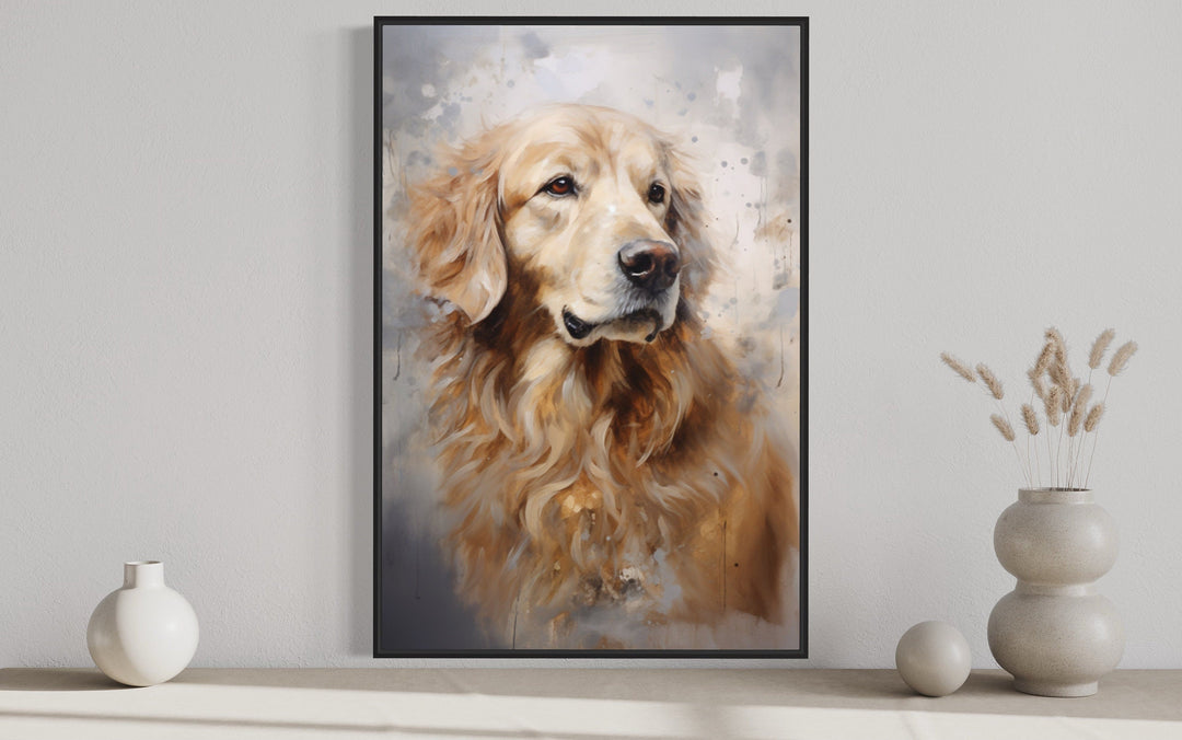 Golden Retriever abstract portrait framed canvas wall art displayed on a wall above a shelf.