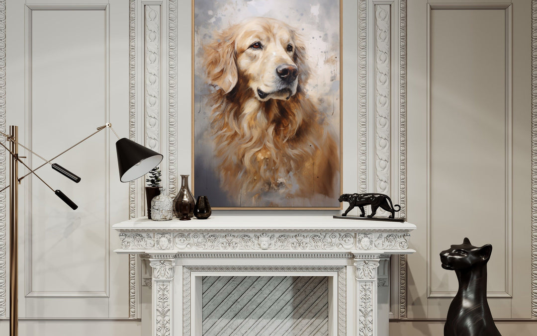 Golden Retriever abstract portrait framed canvas wall art hanging above a white ornate fireplace.