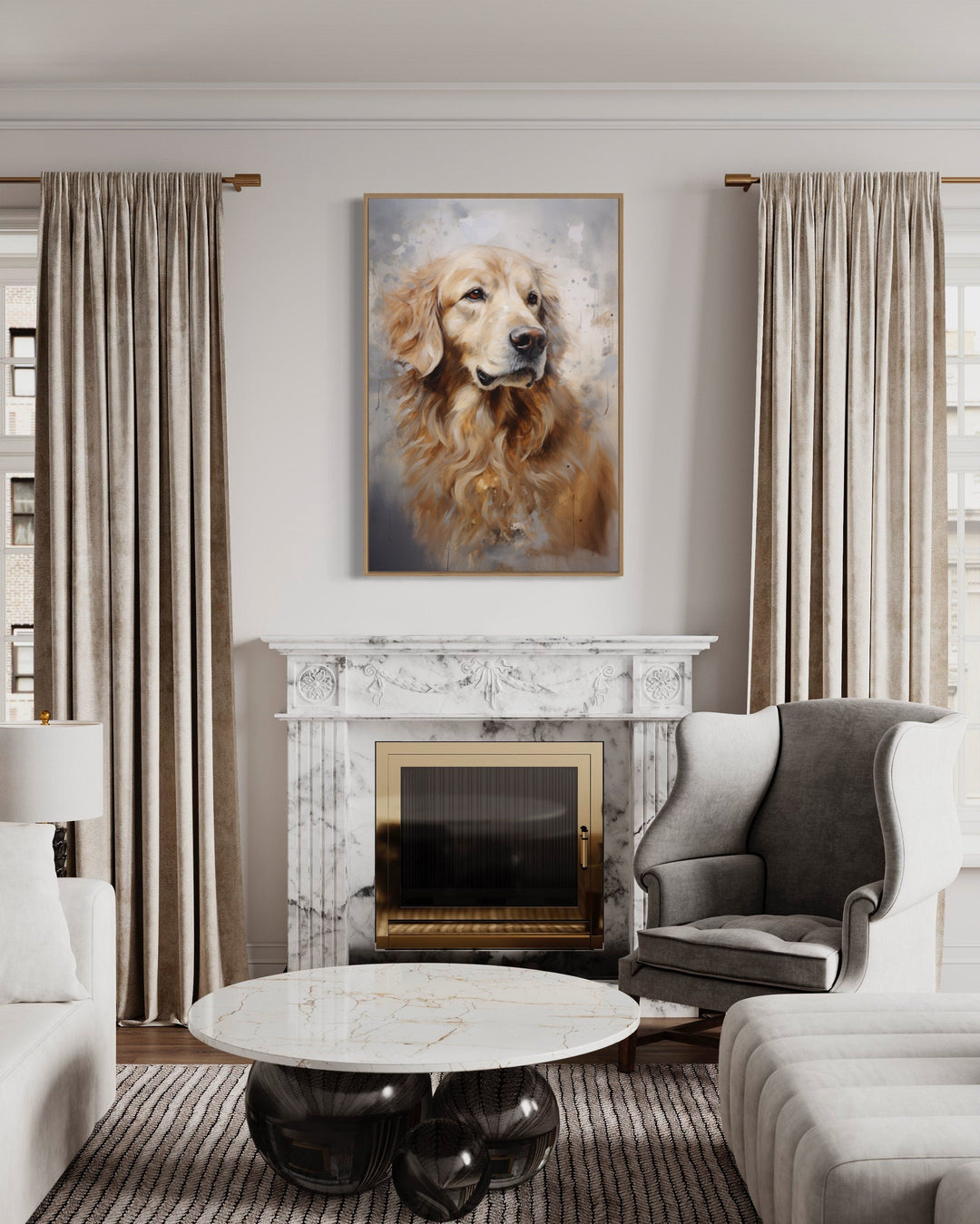 Golden Retriever abstract portrait framed canvas wall art hanging above a marble fireplace.