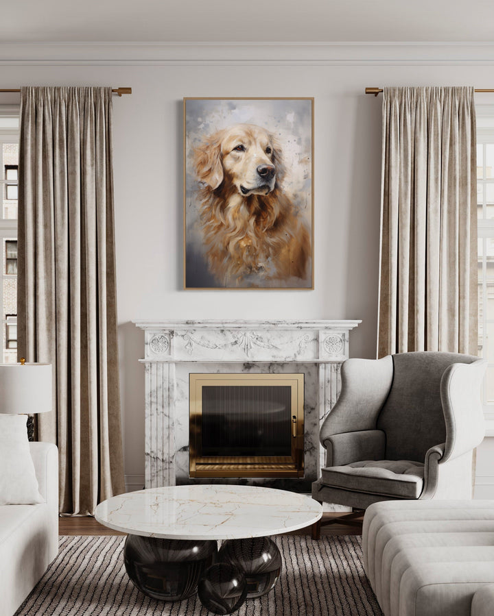 Golden Retriever abstract portrait framed canvas wall art hanging above a marble fireplace.