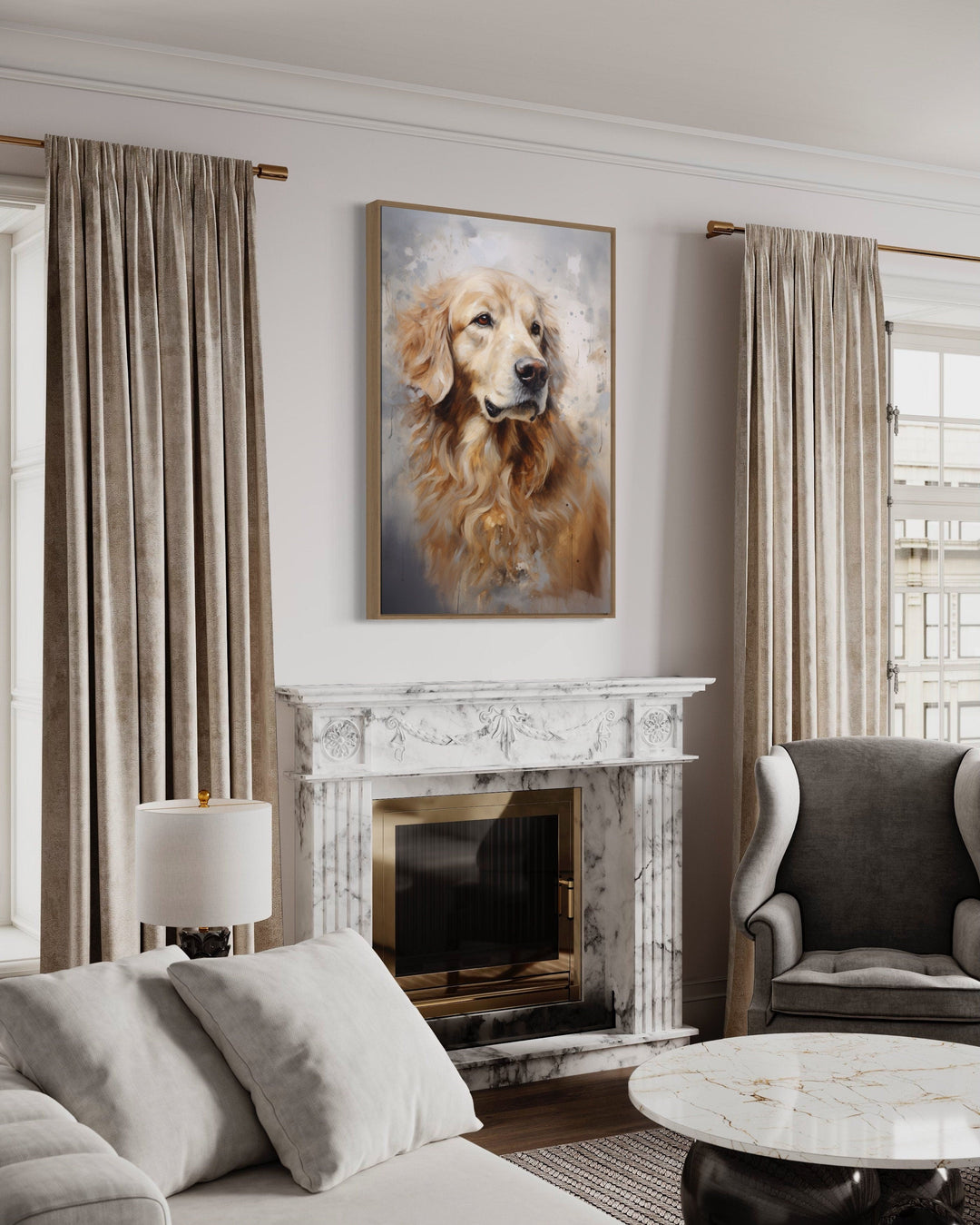 Golden Retriever abstract portrait framed canvas wall art hanging above a marble fireplace.