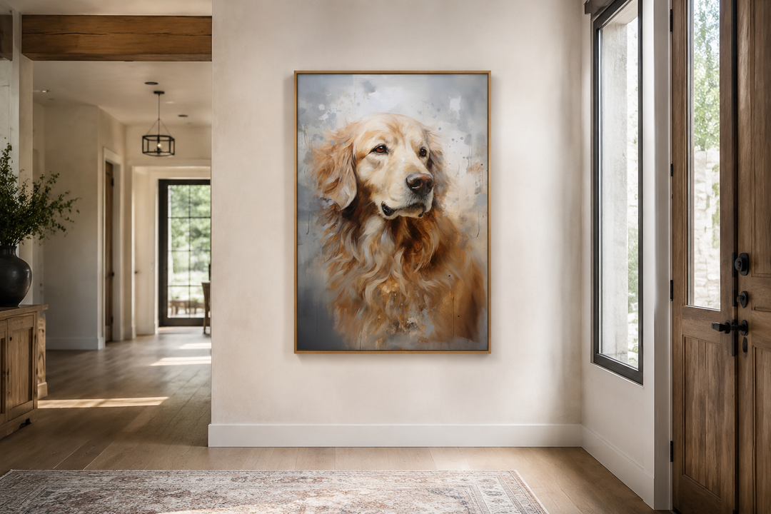 Golden Retriever abstract portrait framed canvas wall art hanging in a modern home entryway.