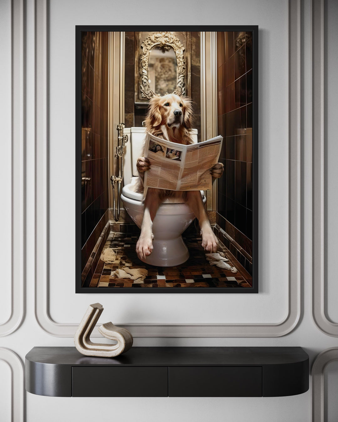 Golden Retriever Dog On The Toilet Reading Newspaper Picture