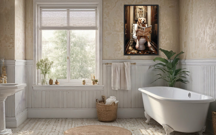 Golden Retriever Dog On The Toilet Reading Newspaper Wall Art in bathroom