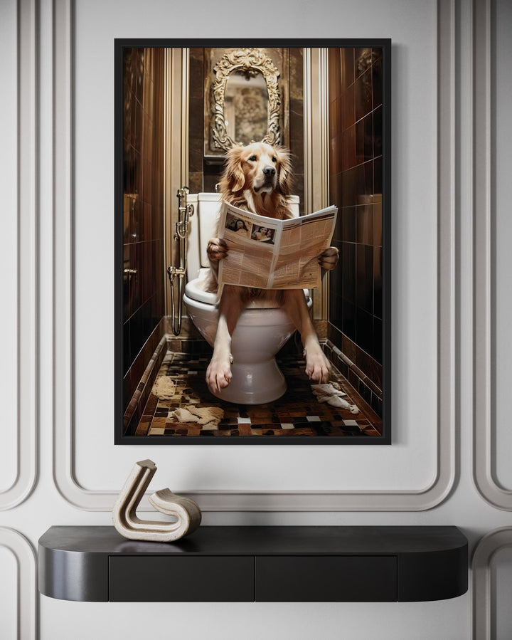 Golden Retriever Dog On The Toilet Reading Newspaper picture close up