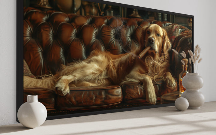 Golden Retriever On Couch Smoking Cigar Drinking Whiskey Framed Canvas Wall Art