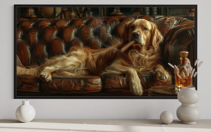 Golden Retriever On Couch Smoking Cigar Drinking Whiskey Framed Canvas Wall Art