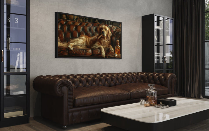 Golden Retriever On Couch Smoking Cigar Drinking Whiskey Framed Canvas Wall Art