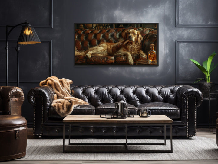 Golden Retriever On Couch Smoking Cigar Drinking Whiskey Framed Canvas Wall Art