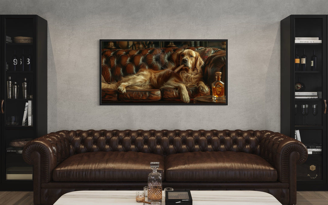 Golden Retriever On Couch Smoking Cigar Drinking Whiskey Framed Canvas Wall Art