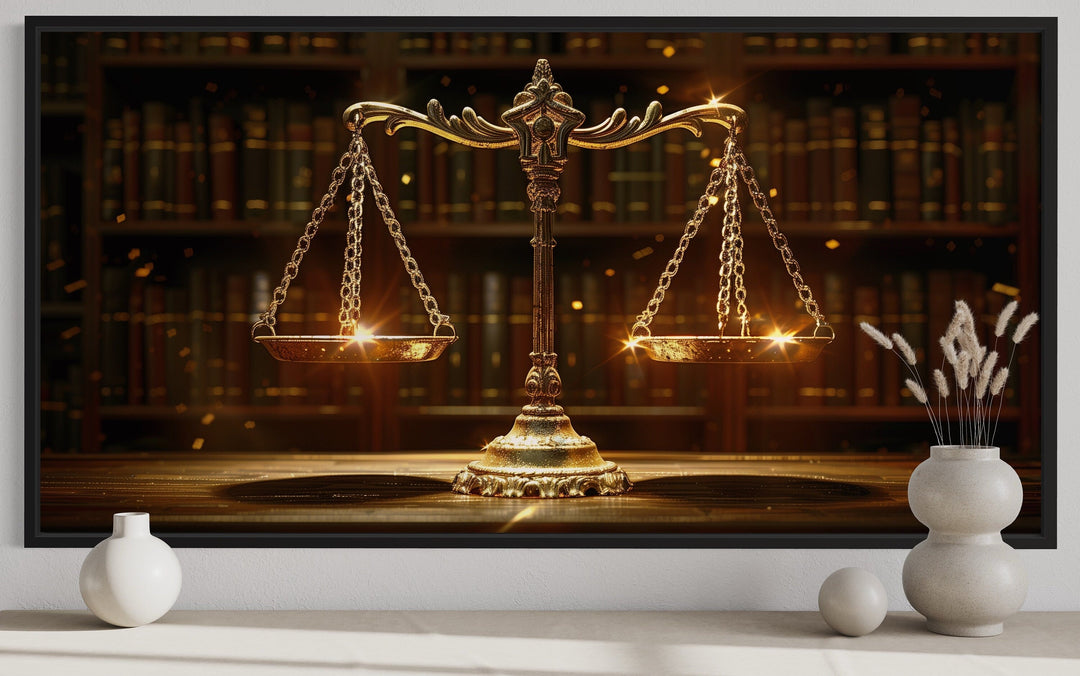 Golden Scales of Justice Framed Canvas Wall Art For Law Office